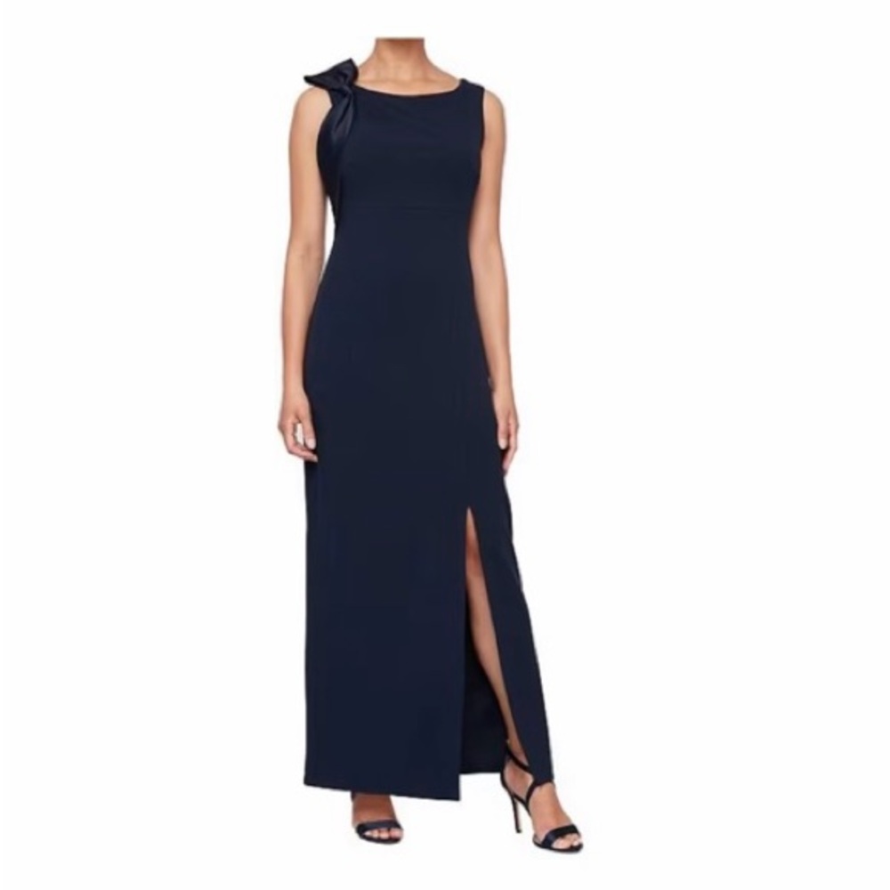 SLNY strechy Asymmetrical Navy Dress with Satin Bow Accent and slit